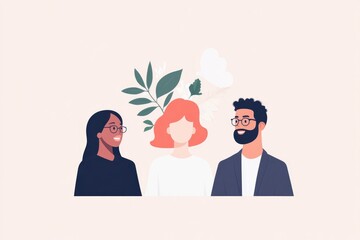flat design illustration featuring diverse individuals from various cultural backgrounds exchanging ideas with elements