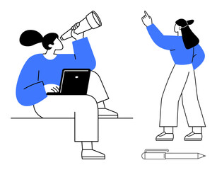 Person looking through telescope while holding laptop, another pointing direction. Ideal for teamwork, collaboration, goal setting, innovation, exploration, planning research. Flat simple metaphor © robu_s