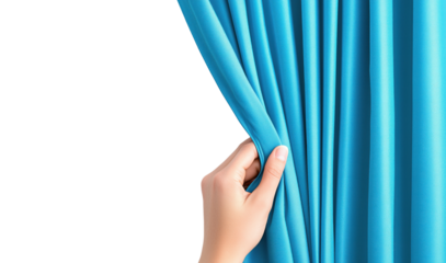 Female hand pulling back a blue curtain, isolated on a transparent background