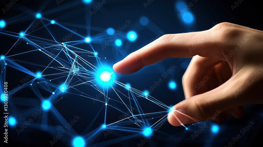 Aufkleber digital network interaction: a hand interacting with a futuristic network