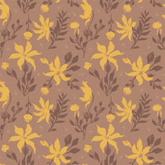 Seamless pattern with hand drawn flowers and leaves. Loose botanical repeat background. Rough florals wallpaper.