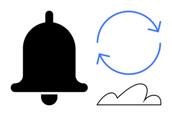 Black bell symbol for notifications, outlined cloud for storage or weather, circular arrows for updates. Ideal for technology, alerts, updates, cloud storage, synchronization, notifications user