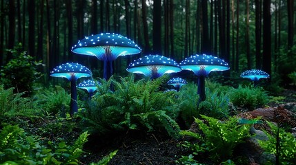 Glowing Fantasy Mushrooms in Enchanted Forest at Night