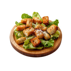 Fototapeta premium A fresh salad topped with croutons and Parmesan cheese, presented on a wooden plate.