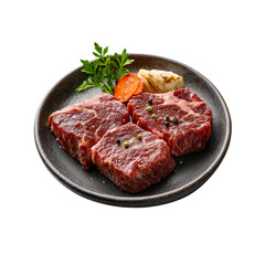 A plate showcases three pieces of marbled beef, garnished with herbs and accompanied by a slice of orange and a dollop of sauce.