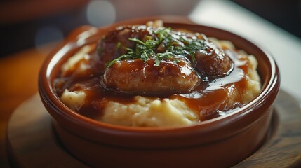 Serving Bangers and Mash with Gravy in a Ceramic Bowl
