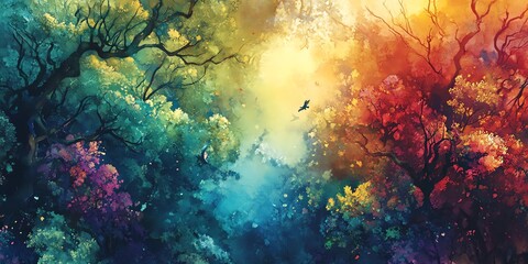 Fototapeta premium Aerial view of a mystical forest, vibrant colors blending fantasy and nature, whimsical creatures interacting with lush trees, soft watercolor style, enchanted atmosphere
