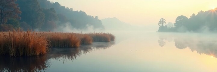 Misty lake reeds bend softly in the morning fog, serene, water