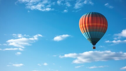 Naklejka premium lone hot air balloon floats serenely above expansive cloud-dotted sky providing enchanting scene with ample copy space