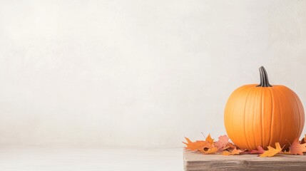 lone pumpkin sits on rustic wooden table adorned with scattered autumn leaves captured under soft natural lighting