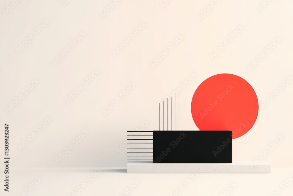 Poster minimalist abstract design featuring bold geometric shapes in contrasting colors on neutral backgrou