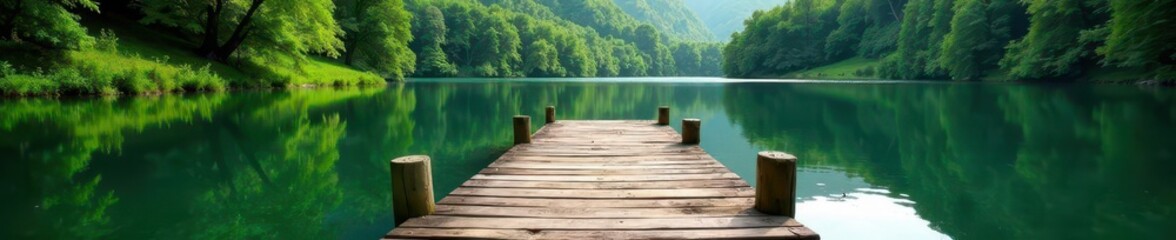Rustic wooden pier stretches over serene lake, lush greenery surrounds , green, landscape