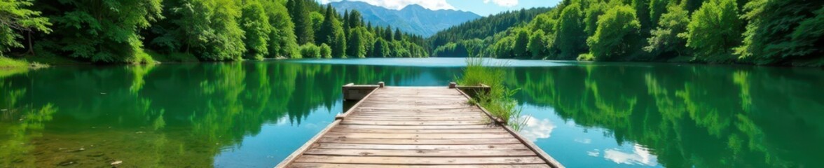 Rustic wooden pier stretches over serene lake, lush greenery surrounds , countryside, peaceful, texture