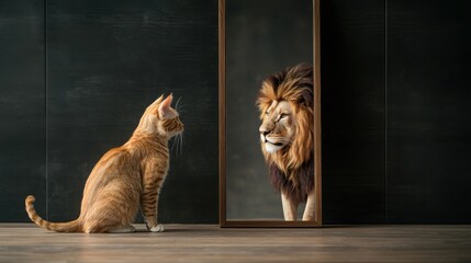 A Cat Gazes Into a Mirror and Sees a Lion, Representing Self-Perception and Inner Strength
