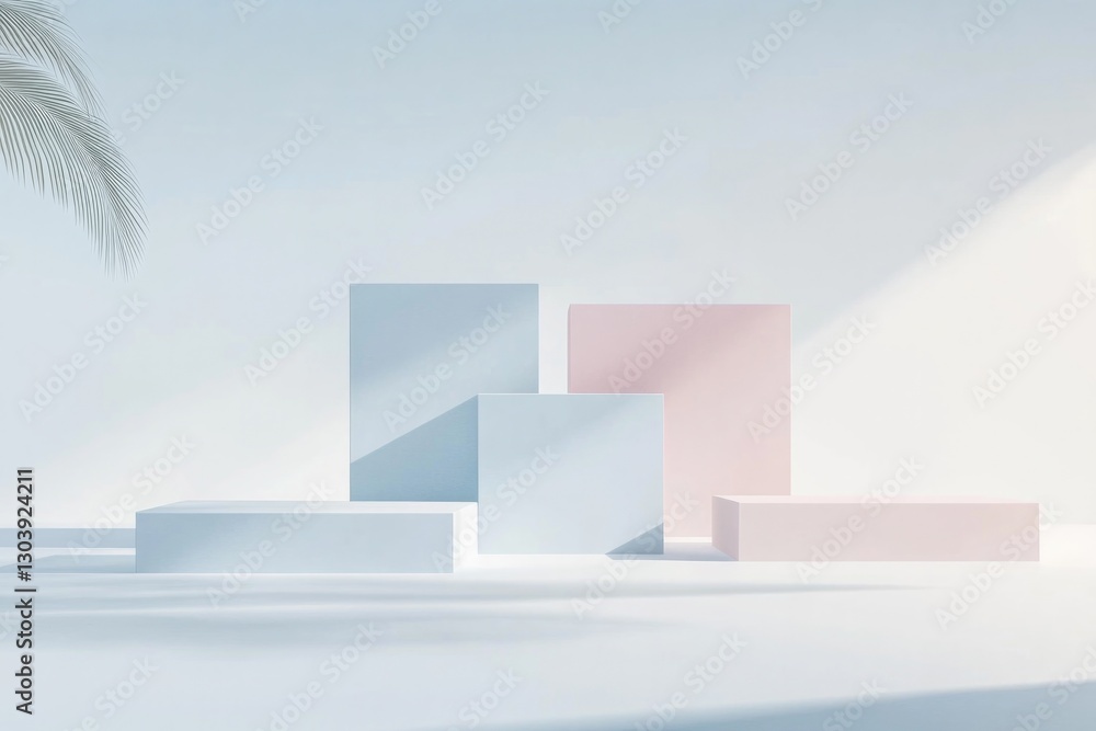 Poster minimalistic abstract design featuring arrangement of overlapping geometric shapes in soft pastel hu