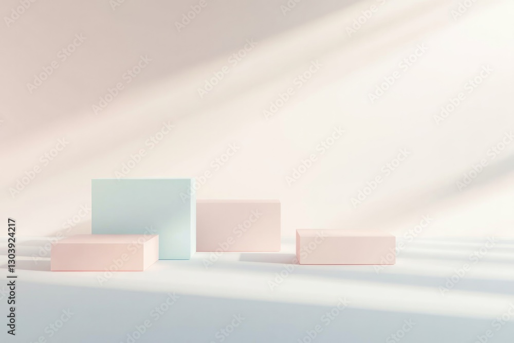 Poster minimalistic abstract design featuring arrangement of overlapping geometric shapes in soft pastel hu