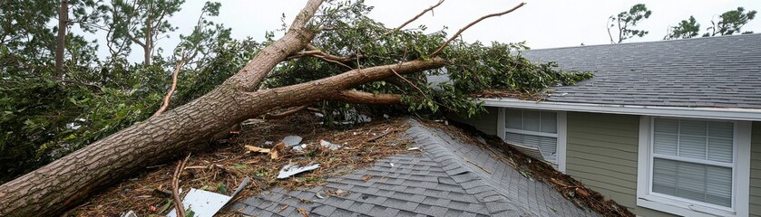Obraz premium Tree Fallen on Roof of House After Hurricane Damage Causing Structural Risk and Debris Challenge for Homeowners