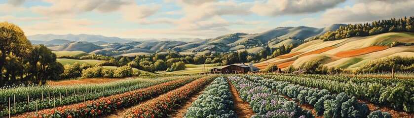 Serene landscape painting of a picturesque farmland valley with rolling hills, lush fields, and a rustic farmhouse under a tranquil sky.