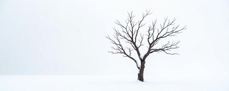 A barren tree branch in stark white surroundings, snowy, bare, winter