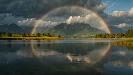 A rainbow arcs over a serene lake, reflecting its colors in the calm water. The image likely represents AI-generated stock imagery.