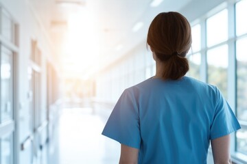 Obraz premium nurse wearing scrubs stands confidently in hospital corridor light streaming in through large