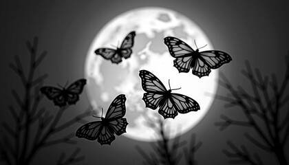 Moths Flying Around Moon Silhouette for Halloween Decorations and Dark Fantasy Projects