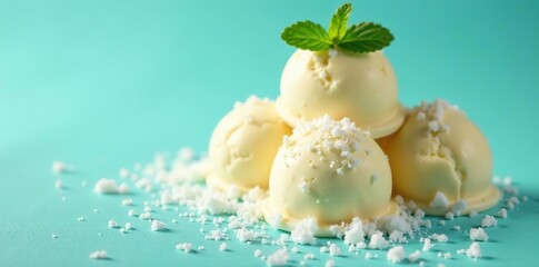 Vanilla ice cream balls coated in crushed ice and sprinkled with mint on turquoise surface, dust, dessert, ice