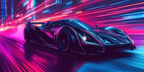 Fototapeta premium A futuristic sports car racing down a neon lit city street