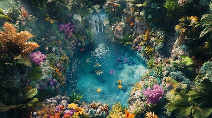 Obraz premium Aerial view of a vibrant, lush oasis. Crystal-clear water pool surrounded by colorful flora and fauna. Tropical paradise.