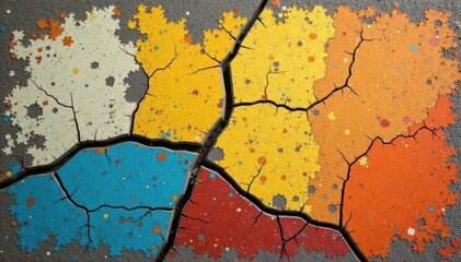 Cracked, peeling paint on weathered concrete; earthy tones, distressed detail , tones, erosion