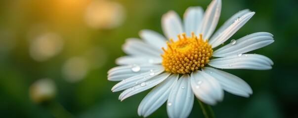 Obraz premium Close-up view, rain droplets on daisy, soft focus, spring, image