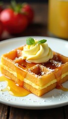 Golden croffle on white plate with drizzle of honey and sprinkles, golden, dessert, croffle