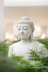 serene buddha statue enveloped in soft lighting sits amidst tranquil temple gardens during vesak day offering contemplation