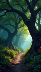 Fototapeta premium Ancient gnarled trees overhang a dimly lit trail , old, exploration, adventure