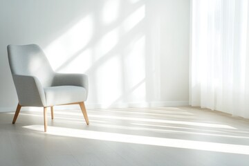 serene sunlit room with cozy chair by window casting soft shadows across floor evokes sense of peace and tranquility