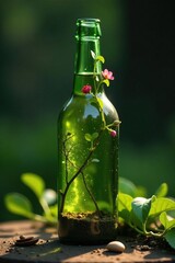Vines and flowers crawling up the glass bottle, earthy tones, natural elements, greenery