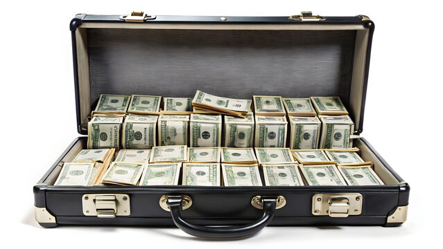 An open briefcase filled with cash and financial documents, symbolizing wealth management.