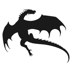 Flying Dragon Silhouette Isolated on White Background.