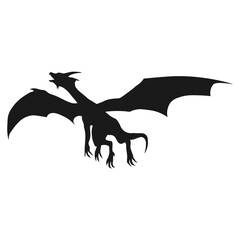Flying Dragon Silhouette Isolated on White Background.