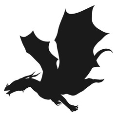 Flying Dragon Silhouette Isolated on White Background.