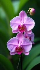 Delicate Vanda orchid petals in pastel shades, greenery, tropical garden