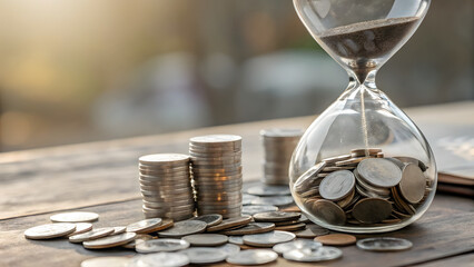 Coins slowly trickling down in an hourglass, symbolizing time-bound investments and savings.