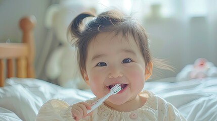 A cheerful toddler smiling while brushing her teeth in bed
