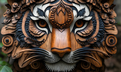 Intricate wooden tiger sculpture showcasing detailed craftsmanship amidst a lush green background