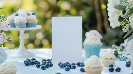 a blank white invitation mockup, size is 5 by 7 inches in portrait orientation, at a brunch table outside during brunch, with white and pastel blue 