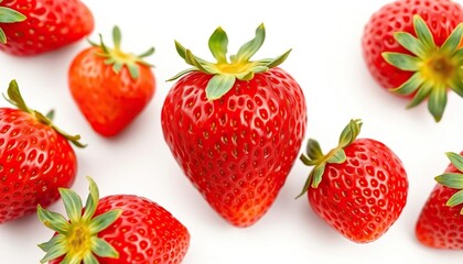 Single ripe strawberry isolated on white, vibrant red, juicy, fresh, single fruit, object