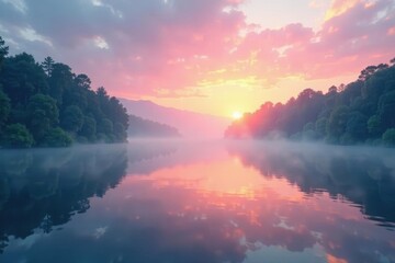 Misty sunrise paints the sky pastel hues, reflecting in calm lake , still, colour, gentle