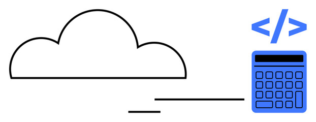 Cloud icon connected to a calculator with coding brackets, representing data processing, development, and technology. Ideal for cloud services, coding, innovation, data management, education