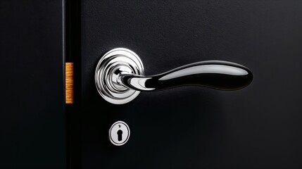 A striking door handle glistens with polished chrome, set against a matte black door, highlighting the balance of functionality and contemporary aesthetics.