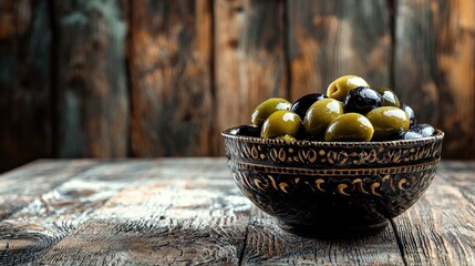 A bowl of green and black olives on a rustic wooden table, ready to be served.